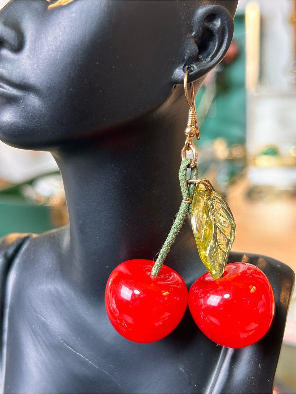 Glass Cherry Dangle Earrings Fruit Drop Green Cord Stems Whimsy Retro NEW